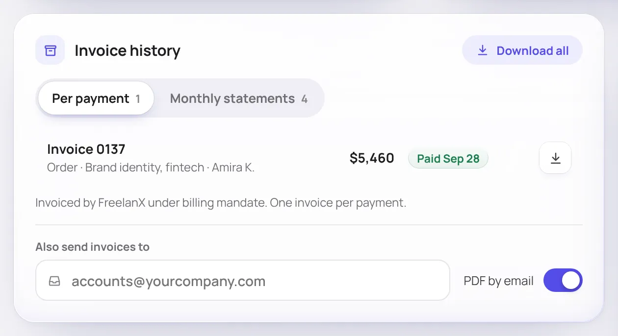 Historique des factures, un écran de l’app web FreelanX