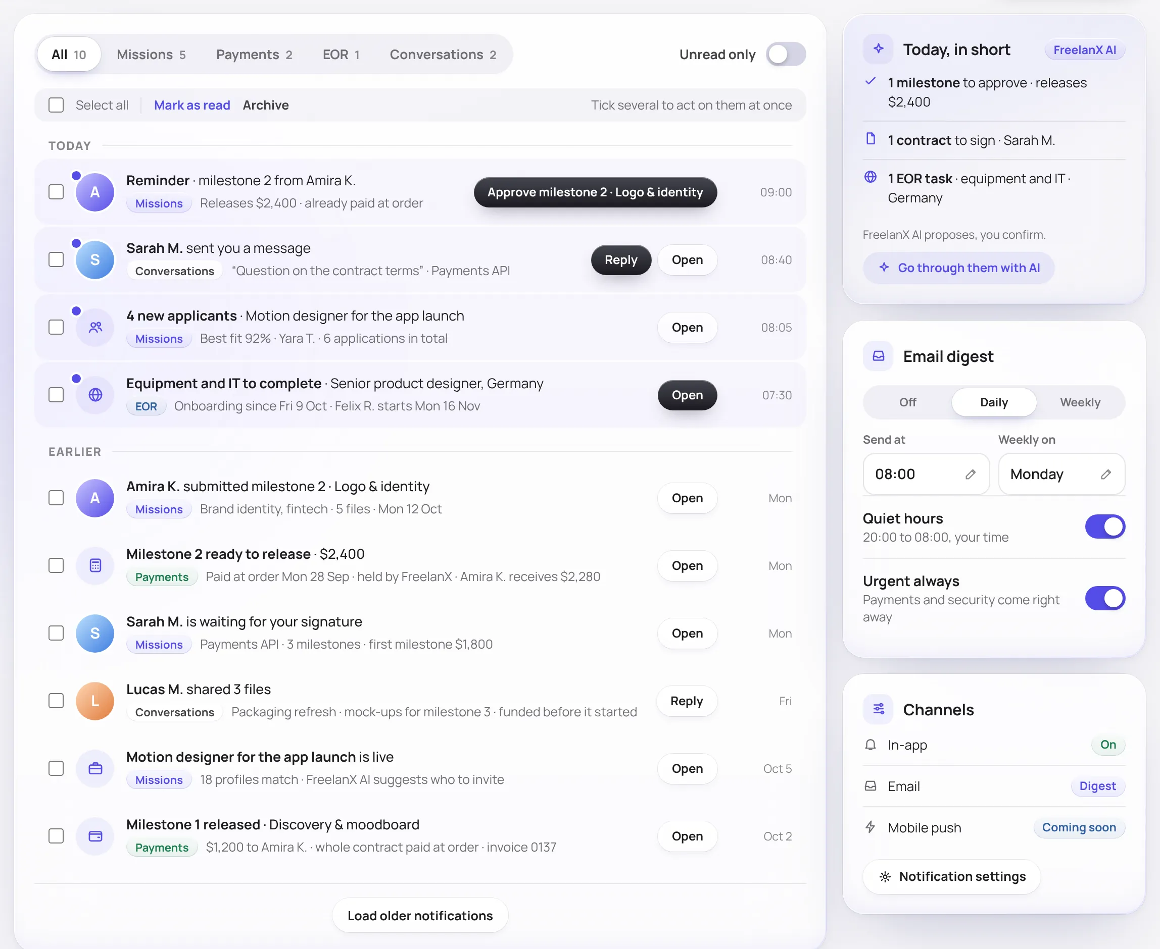 Centre de notifications, un écran de l’app web FreelanX