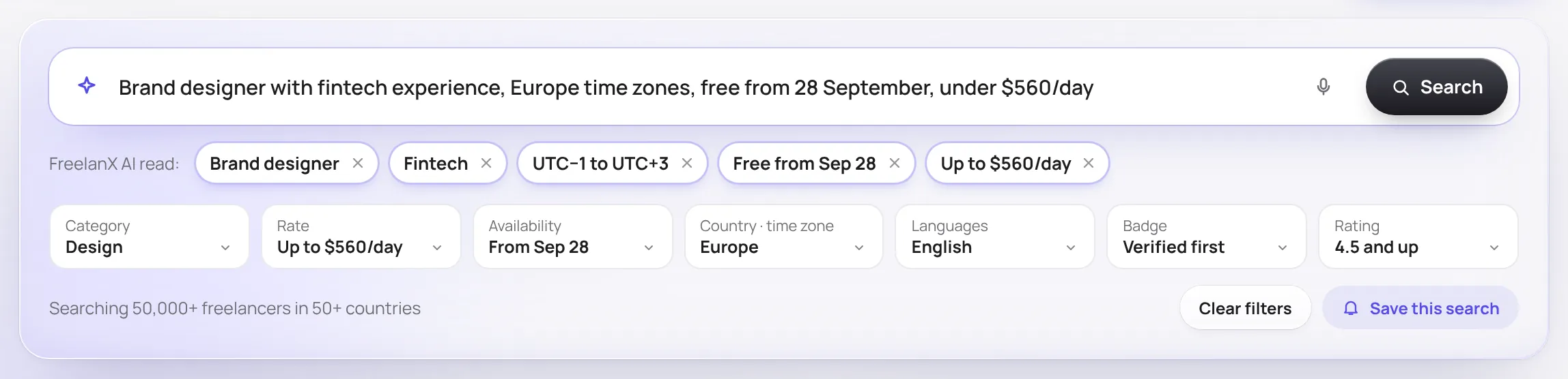 Recherche en une phrase, un écran de l’app web FreelanX