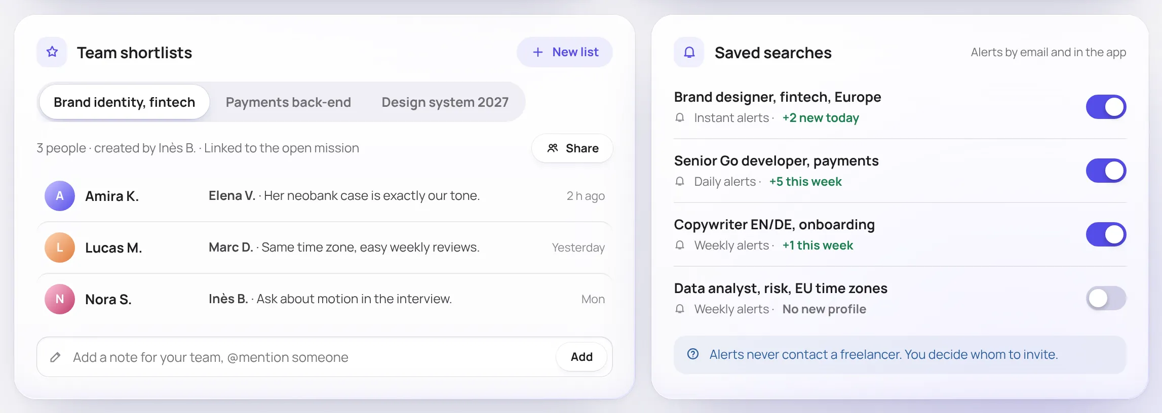 Présélections et recherches enregistrées, un écran de l’app web FreelanX