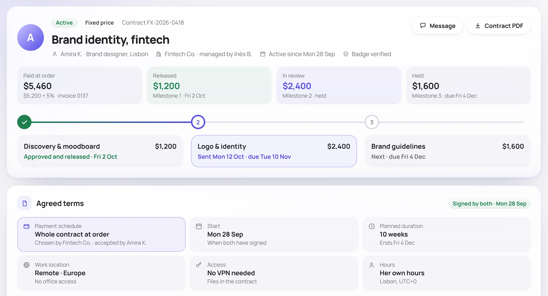 Détail du contrat et conditions convenues, un écran de l’app web FreelanX