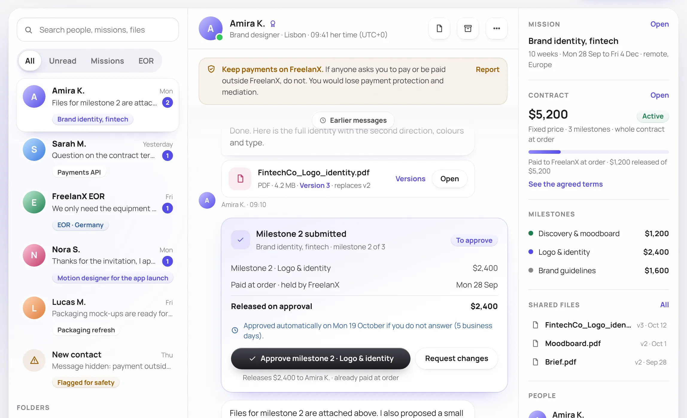 Espace de travail, un écran de la web app FreelanX